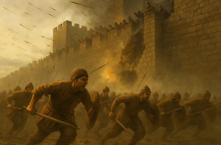 Osmanlı Azap birliklerinin yoğun ok yağmuru altında surlara doğru koşarak yaptığı ilk hücum anı.